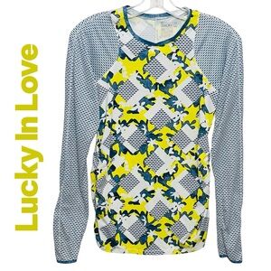 Lucky In Love Top Sz S Yellow Blue Camo/Geometric Print Long Sleeve Shirt